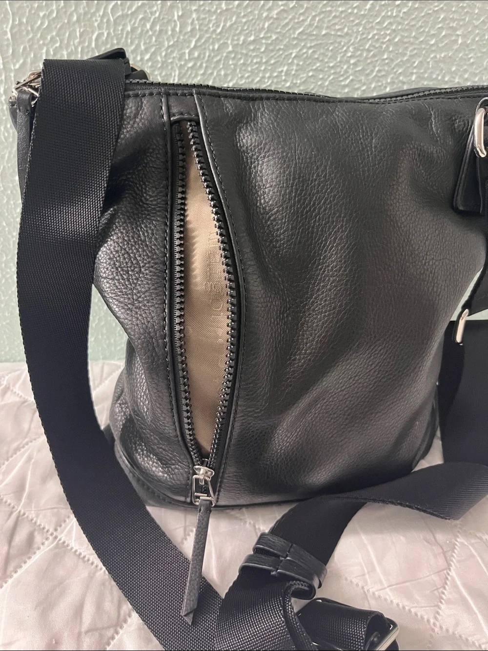 Margot Black Leather Messenger Crossbody with Wide Strap